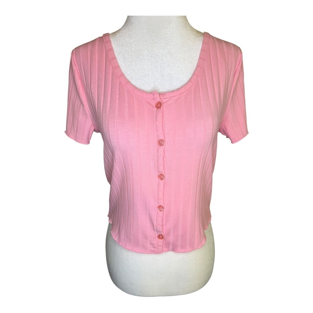 Cotton Emporium Pink Ribbed Crop Top Button‎ Front Short Sleeve Small Small NWT